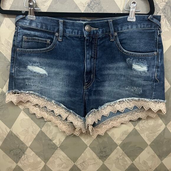 Free People Distressed Denim Shorts with Lace Crochet Trim - Picture 3 of 7